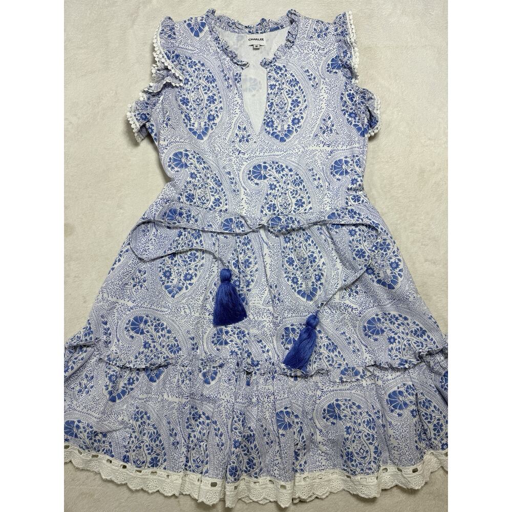 VTG Charlee Blue White Paisley Sz Med Tassel Tiered Mini Dress Ruffle Lace Trim